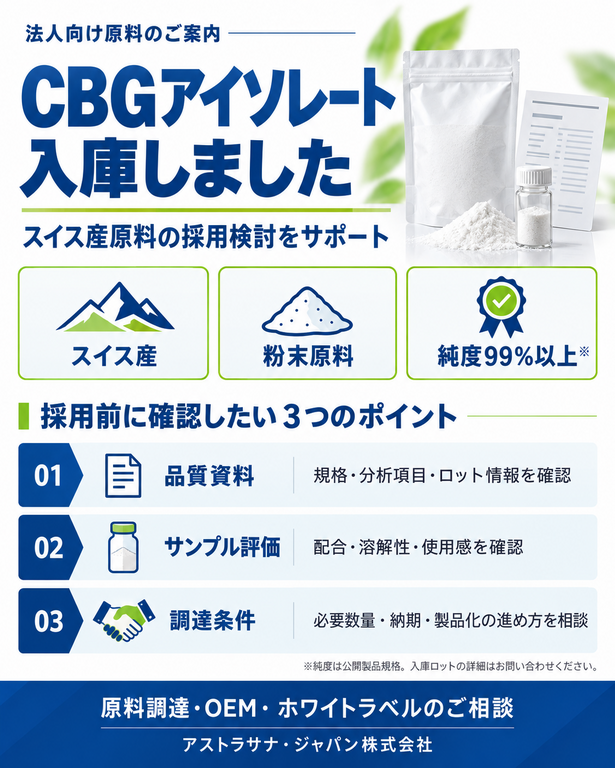 入庫のお知らせ】スイス産CBGアイソレート｜品質資料・サンプル評価